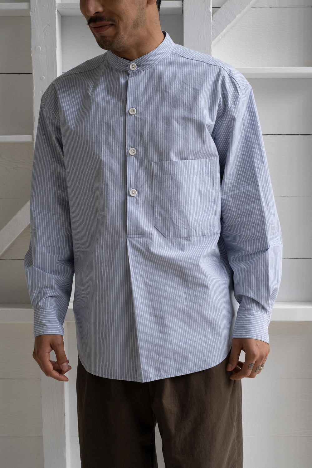 Popover Shirt In Light Blue Organic Cotton Stripe