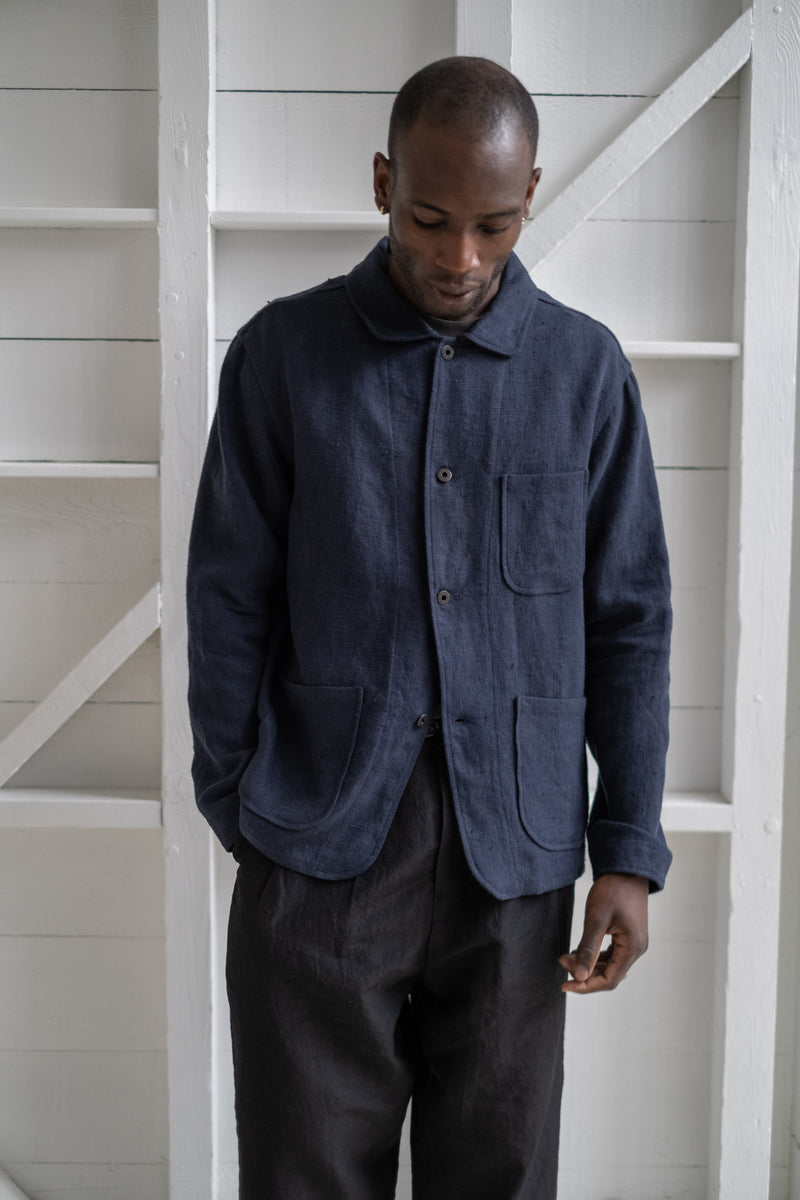 evan kinori | THREE POCKET JACKET IN NAVY BUTCHER LINEN – RELIQUARY