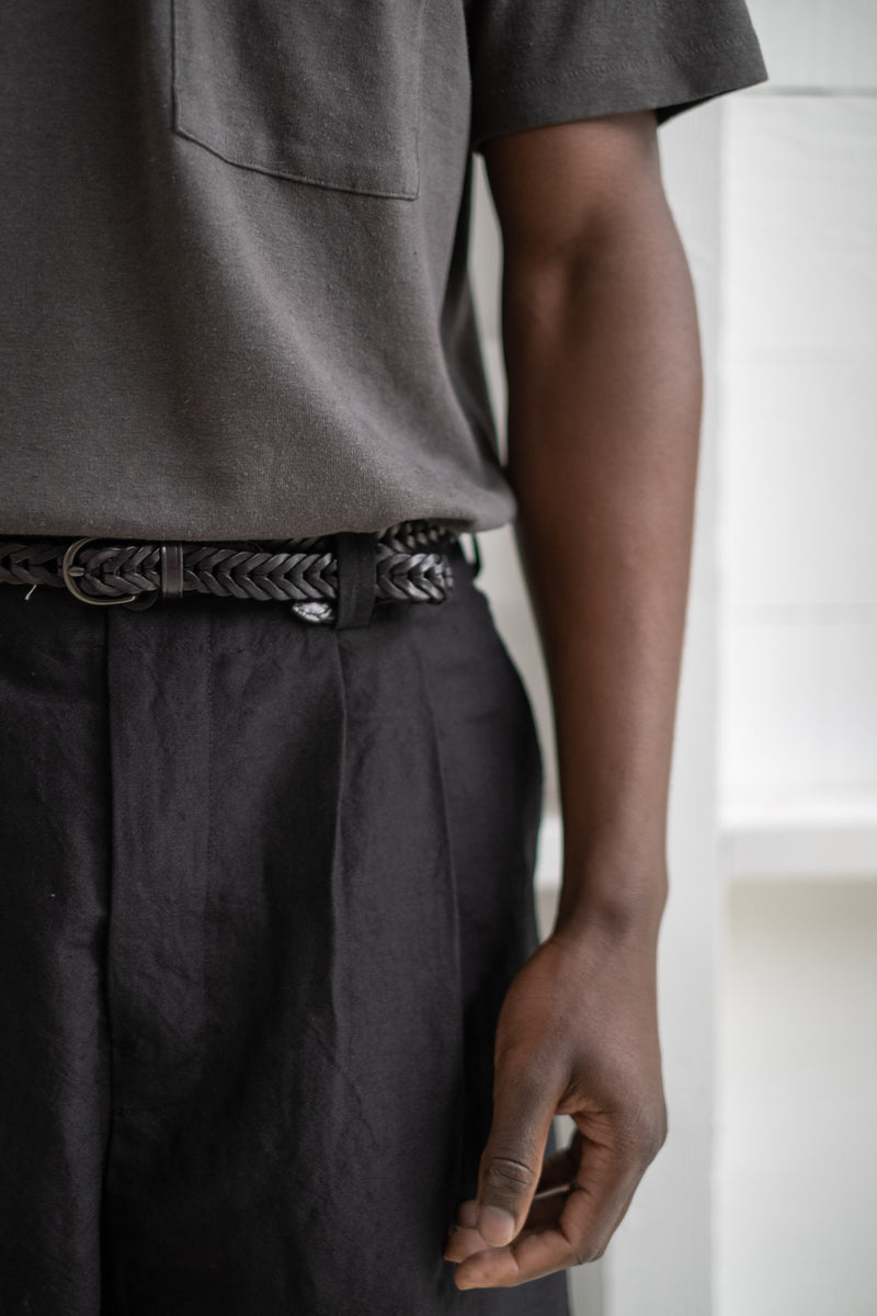 TWO PLEAT PANT IN BLACK TROPICAL WOOL/LINEN CANVAS